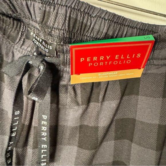 NWT Perry Ellis Portfolio Deluxe Touch Black Gray Plaid Pajama Lounge Pants L - Picture 2 of 9